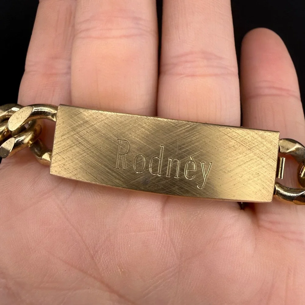 Vintage Speidel ID Bracelet Gold Tone Chunky Curb Rodney Engraved 1978 8